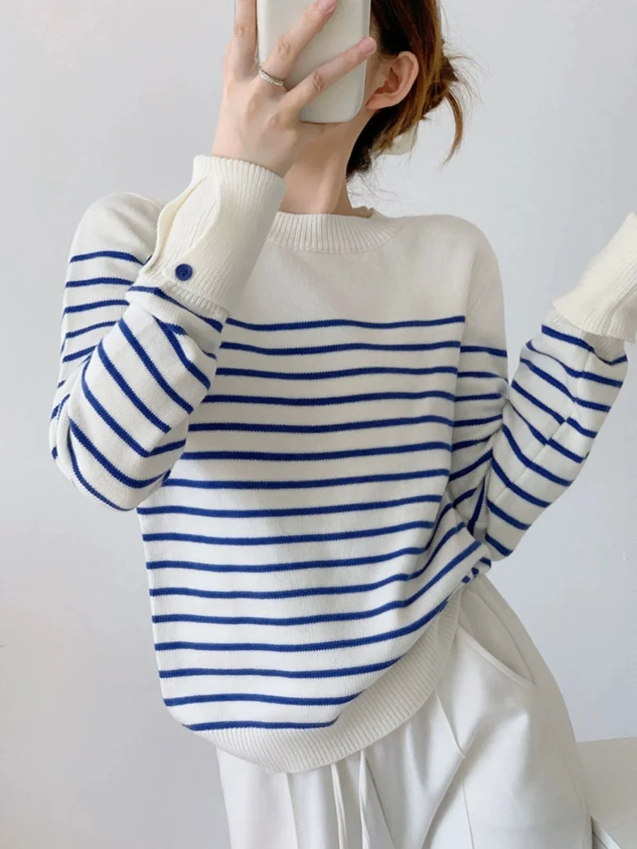 Пуловер в полоску контрастного цвета женский осенне-зимний свитер с круглым