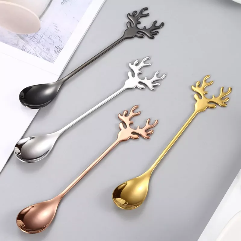 

Deer Head Shape 304 Stainless Steel Stirring Spoon Romantic Christmas Elk Coffee Dessert Spoon Exquisite Tableware Party Gift