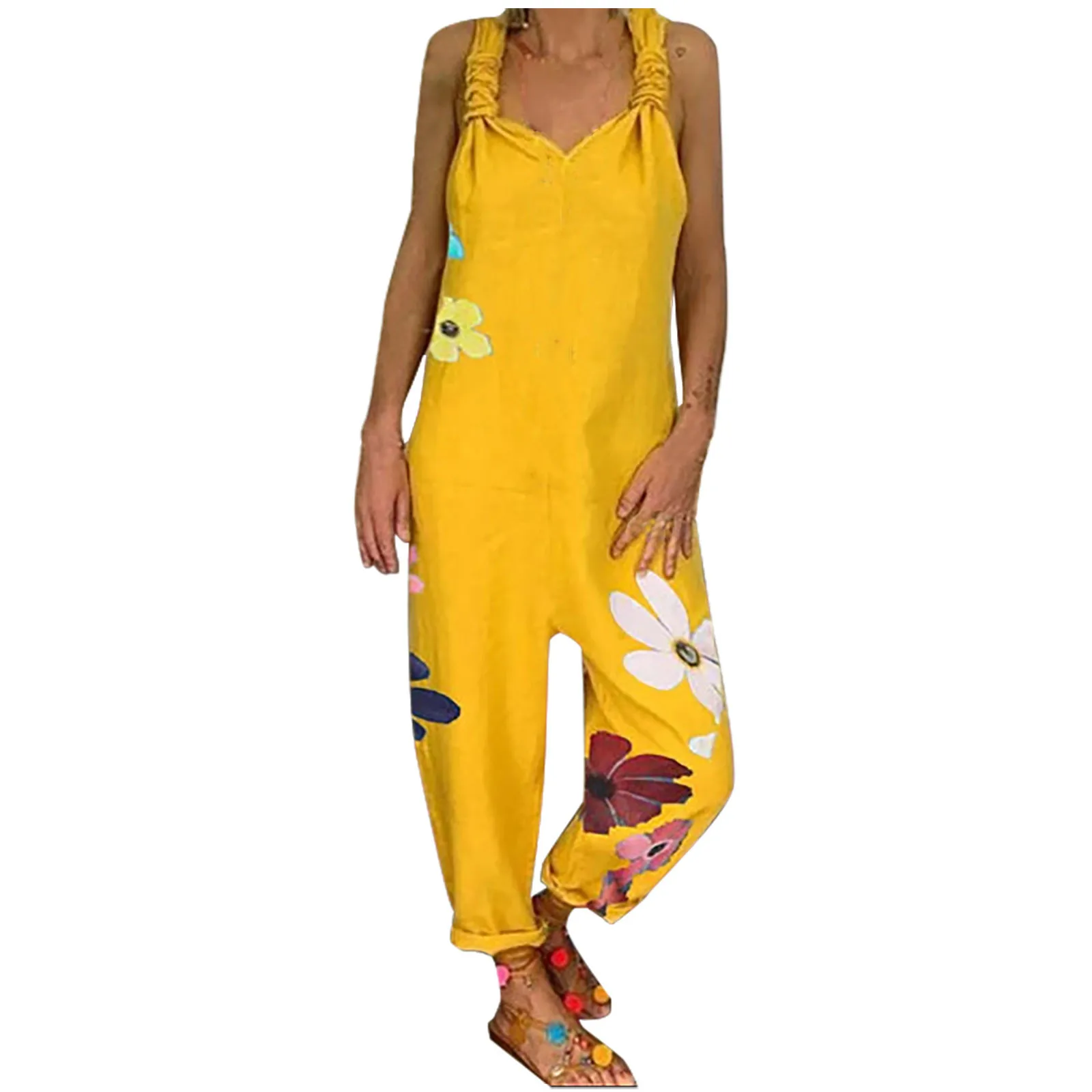 

Yellow Jumpsuit Woman Rompers and Overalls Summer Jumpsuits for Women Bodysuit Sexy Daisy Printing Buttons Suspender Bodysuits