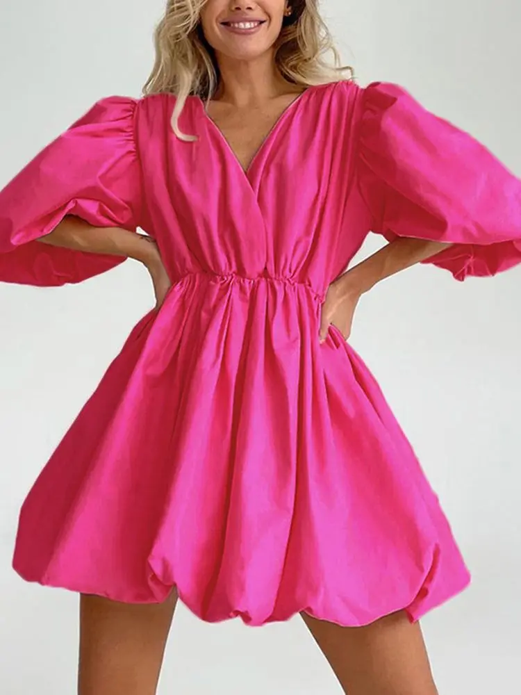 

Puff Sleeve A-line Dress Women Solid Color Short Sleeve V Neck Baggy Mini Dress Summer Bohemian Sexy Vintage Dresses Female