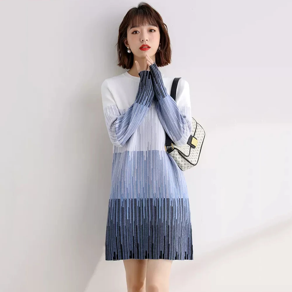 

New Women Knitting Dress Autumn Winter Casual Fashion O-Neck Vertical Stripes Basics Sweater Loose Pullover Knitwear Blue Female