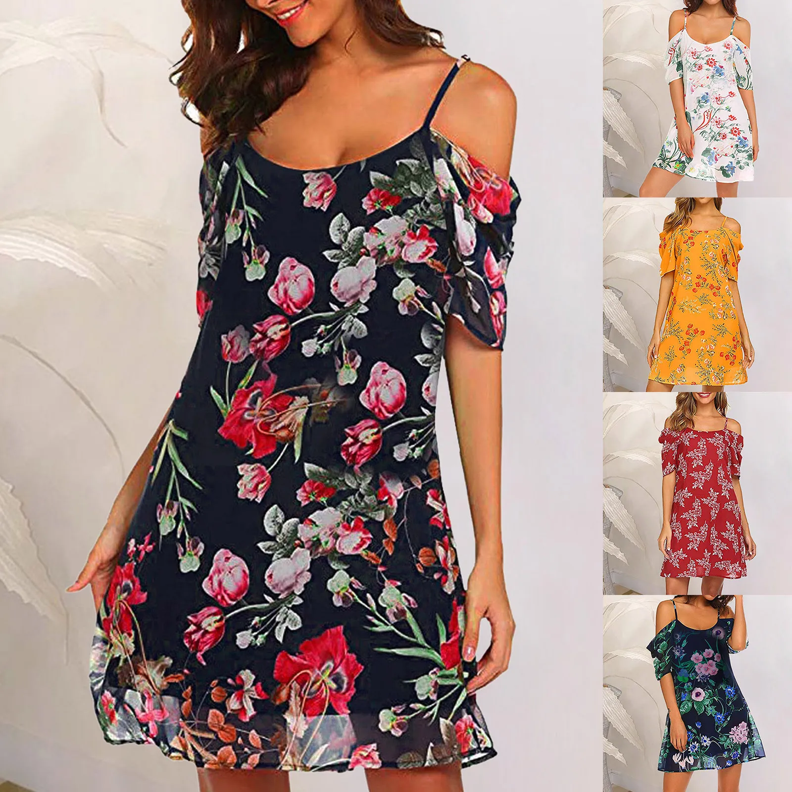 

Женское шифоновое платье с цветочным принтом, свободное короткое летнее платье средней длины с открытыми плечами