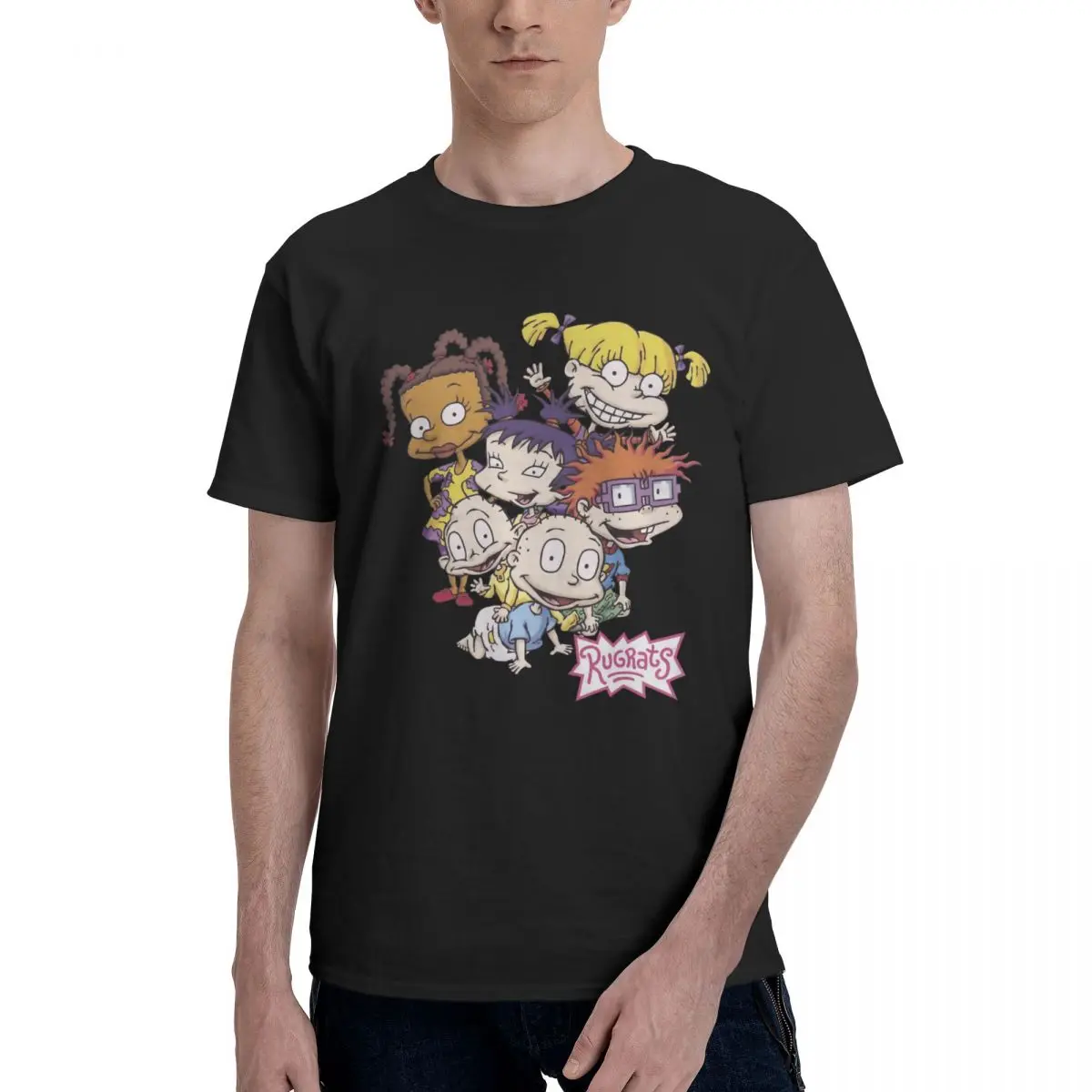 Мужская базовая футболка с коротким рукавом Rugrats Pile Up Distressed Group Shot черная круглым