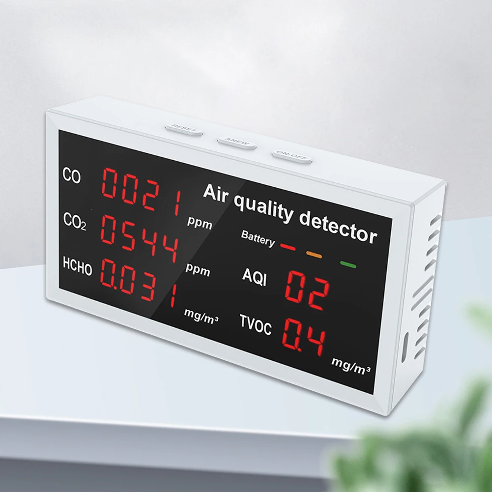 

Home Air Quality Detector Carbon Dioxide Detector LED Display 5-in-1 CO/CO2/HCHO/AQI/TVOC Testing 850mAh for Home School Office