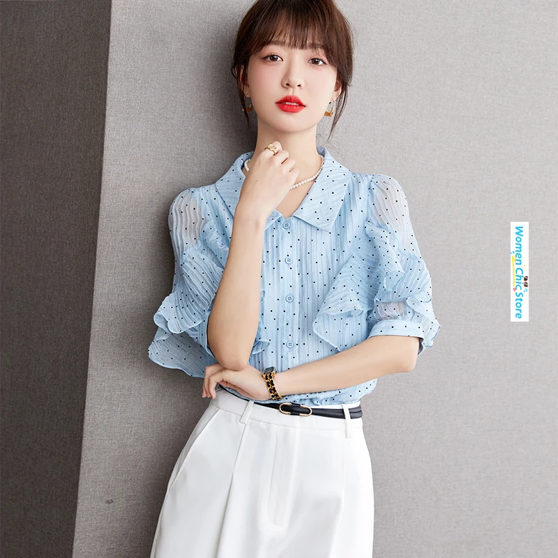 Женская блузка в горошек голубая тонкая элегантная Свободная с оборками и