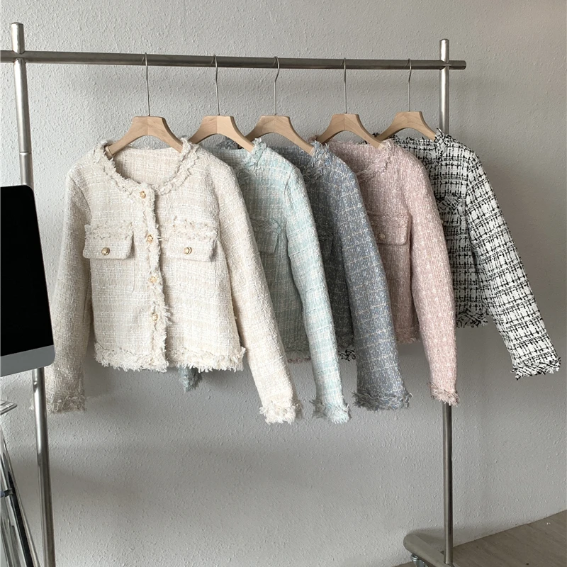 Женская твидовая куртка с бахромой однобортная короткая длинным рукавом и