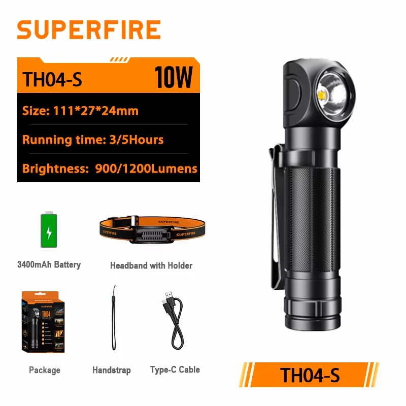 

Налобный фонарь SUPERFIRE TH04-S 1200 лм, супер яркий, перезаряжаемый через USB-C 90 ° Регулируемый налобный фонарик Светодиодная фара с магнитным хвостом