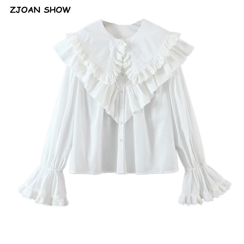 

2022 Kawaii White Lapel Spliced Wood ears Big Peter Pan Collar Shirt Palace Women Spliced Ruffles Flare Sleeve Blouse White Tops