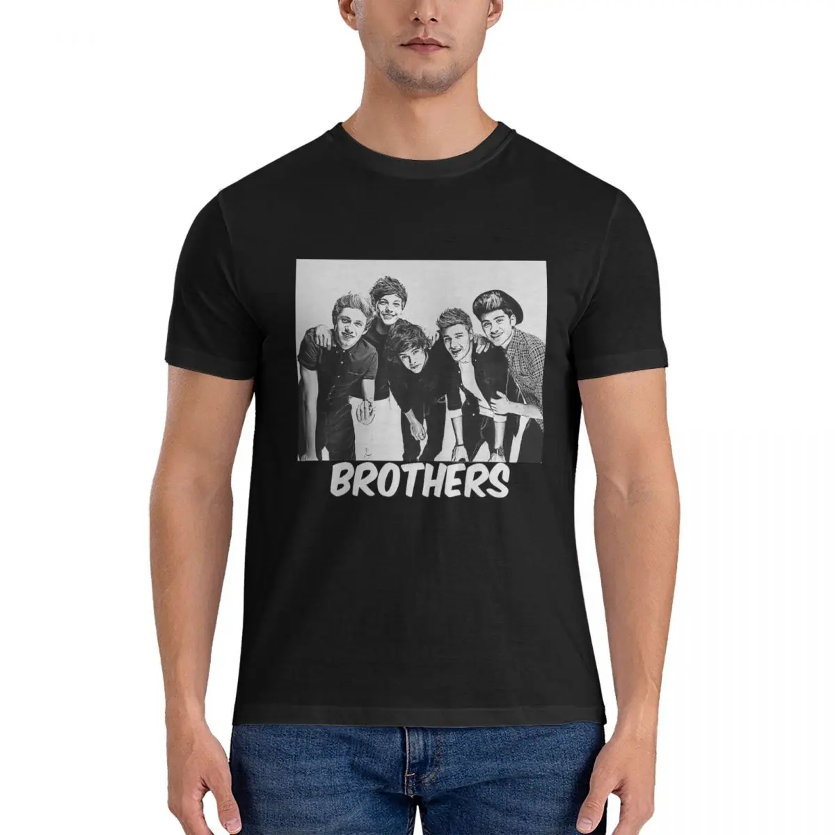 Мужские футболки 1D-Brothers one directionNN из чистого хлопка с круглым вырезом принтом