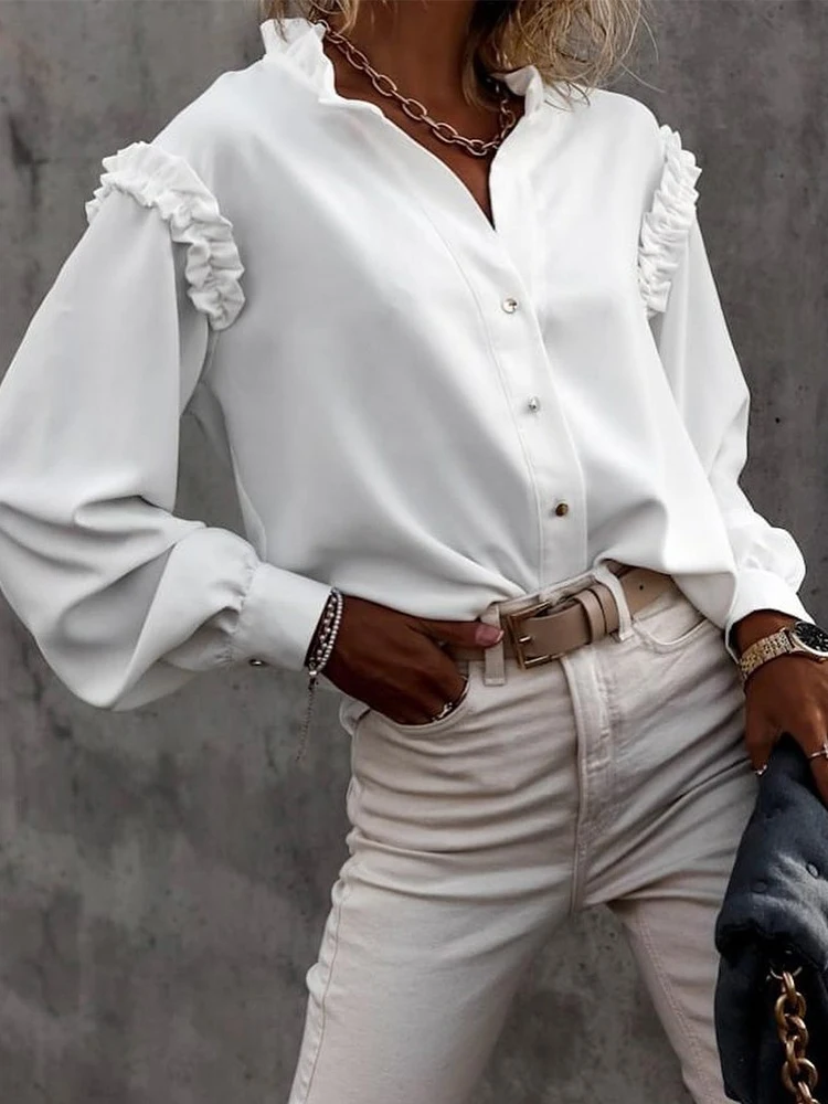 

New Fashion Stand Collar Long Sleeves Casual Shirt Women Elegant Single Breasted Ruffle Blouse Shirts Lady Commuter Solid Blusas