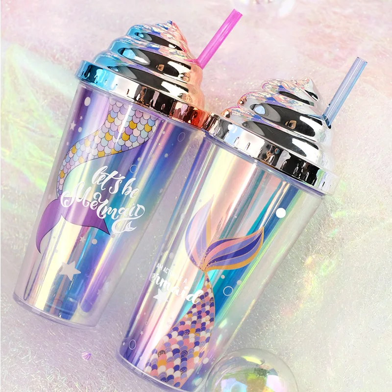 

Electroplated Glitter Water Cup Creative Straw Double-Layer Reusable Tumbler Cup with Mermaid Eco-friendly with Lid BPA Free
