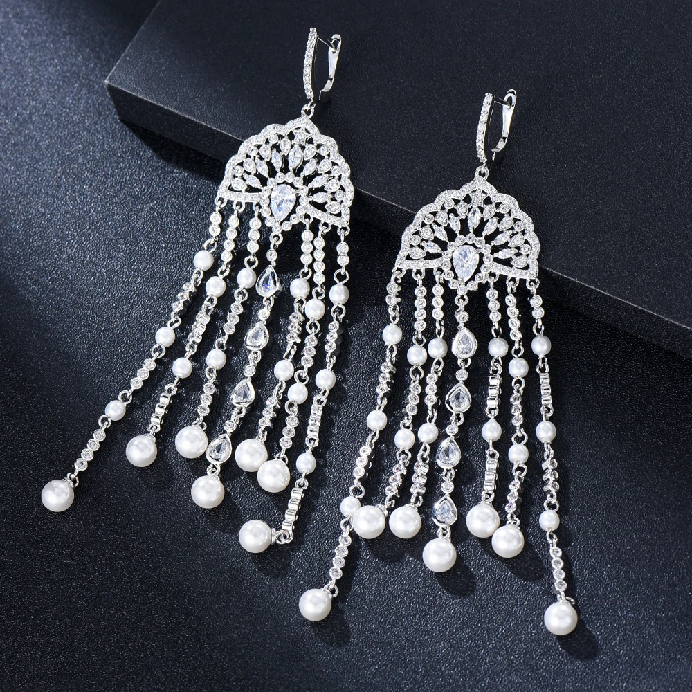 

Jimbora Gorgeous Long Dangle Tassel Drop Earrings Full Cubic Zirconia Shiny Cute CZ for Women Wedding Trendy Earrings Bijoux