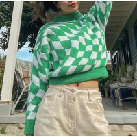 o neck loose female pullover sweet long sleeve lady pullovers chic student jumpers vintage argyle plaid women knitted sweater