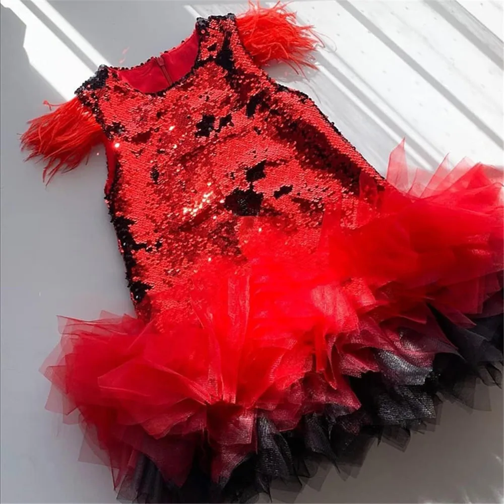 Золотые пышные платья с блестками для девочек свадебные принцессы перьями и