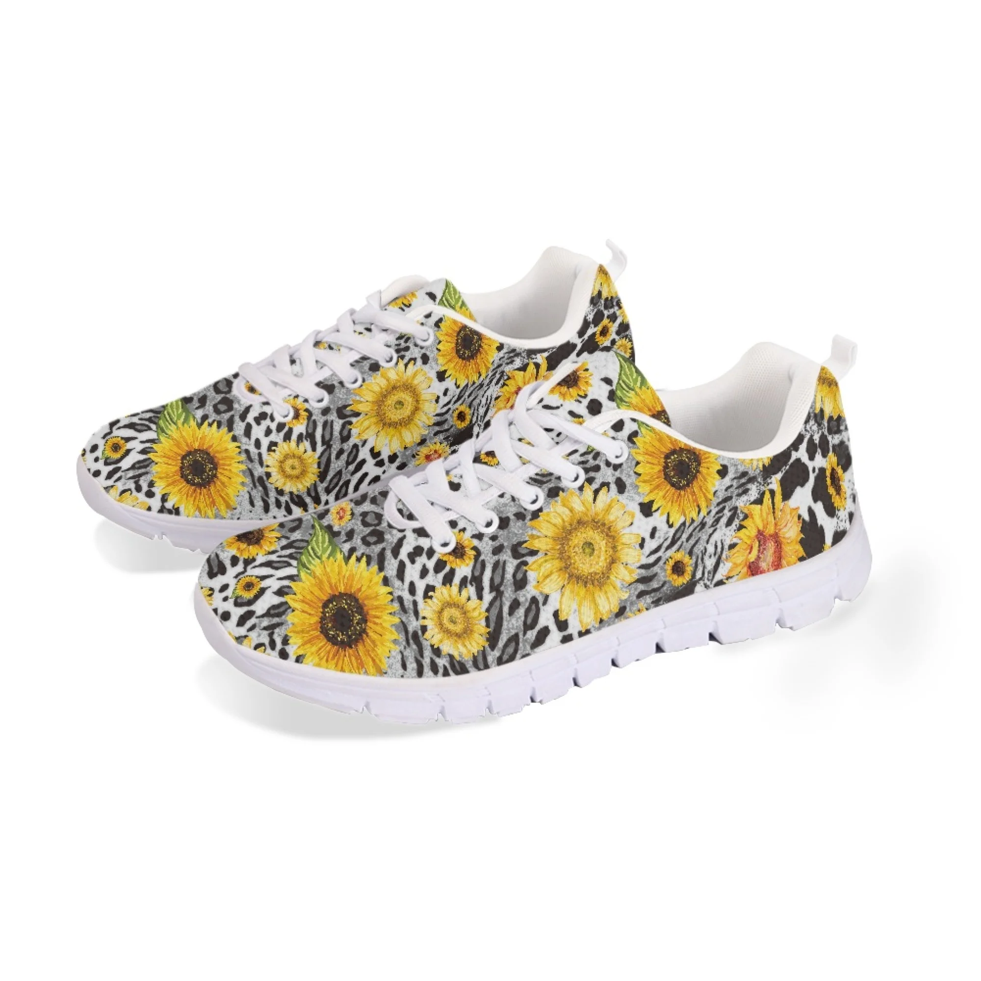 Yikeluo Sunflower Leopard Print Designer Shoes Women Breathable Mesh Soft Sole Girls Sneakers Flats Lightweight Zapatillas Mujer