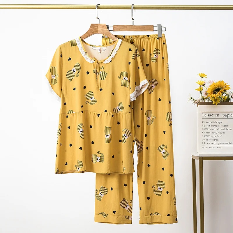 

Lisacmvpnel Cotton Silk Pajamas Women's Spring And Summer Short Sleeved Trousers Thin Two-piece Suit Cartoon Outdoor Pyjamas