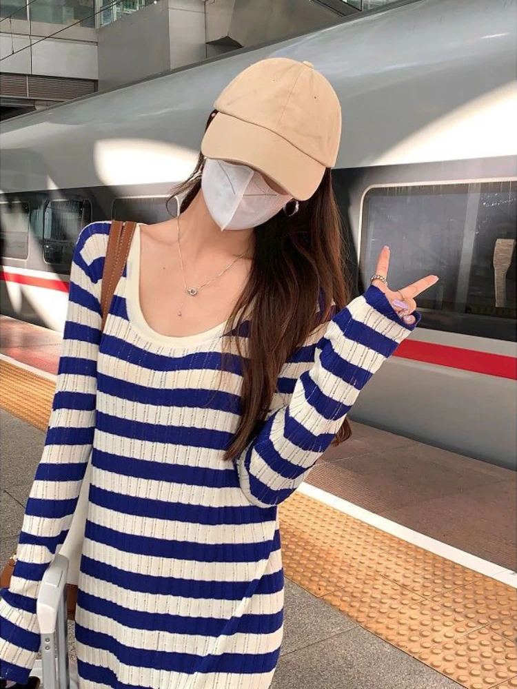 

Crochet Striped Clothing Long Evening Female Dress Blue Robe Knit Colorblock Women's Dresses Loose Maxi One-piece Elegant Party