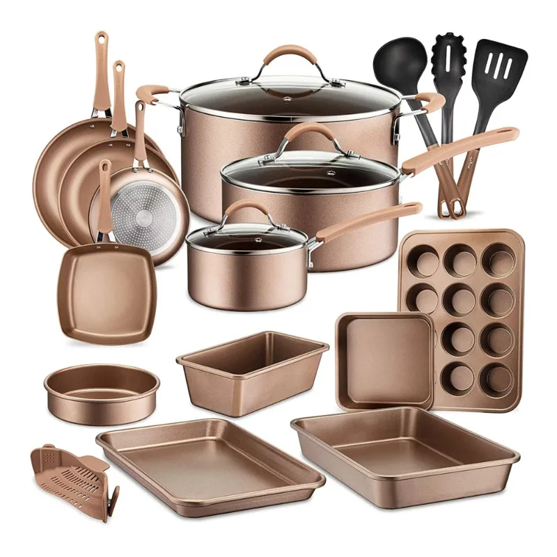 

NutriChef Nonstick Cooking Kitchen Cookware Pots and Pans, 20 Piece Set, Bronze