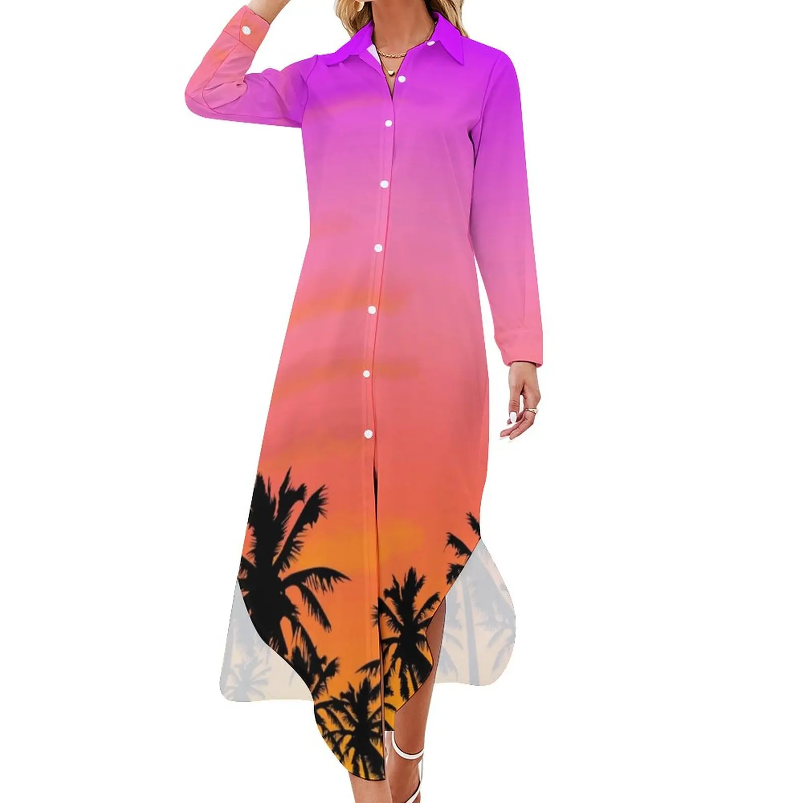 

Island Sunset Chiffon Dress Palm Trees Print Elegant Dresses Stylish Casual Dress Ladies Sexy Pattern Vestido 4XL 5XL 6XL
