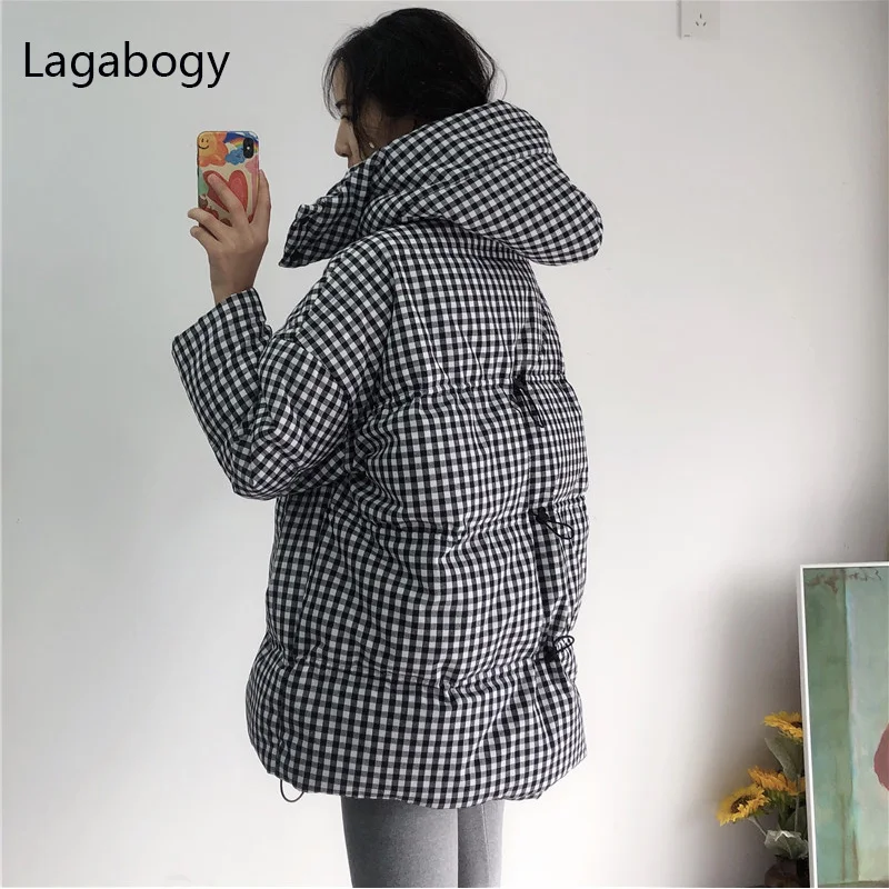 2022 New Winter Coat Women Hooded Black White Plaid Puffer Jacket 90% White Duck Down Parkas Thick Warm Loose Outwear