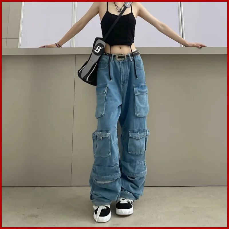 

Японские индивидуальные уличные модные джинсы с широкими штанинами на молнии, брюки-карго с эффектом потертости, джинсовые брюки