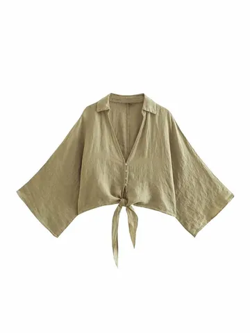 BSK&ZA&TRF Women 2023 New Fashion Knot decoration flax Cropped Blouses Vintage Long Sleeve Female Shirts Chic Tops 8372 /096