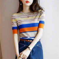 fashion o neck short sleeve spliced striped loose blouse 2022 summer new casual pullovers oversized commute women clothing shirt