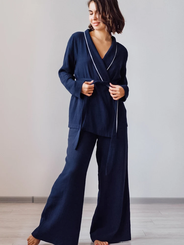 

Свободные женские халаты с поясом Restve, комплект из 2 предметов, Синий Домашний халат с длинным рукавом, хлопковые повседневные брюки, женска...