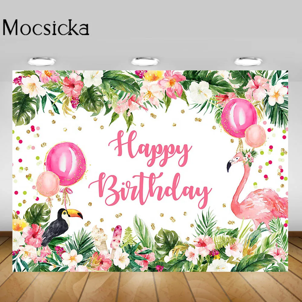 

Mocsicka Palm Leaves Flamingo Birthday Backdrop Summer Tropical Flower Baby Birthday Party Photo Background Decoration Photocall