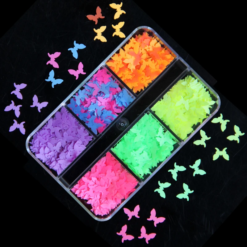 

Новый стиль, неоновые бабочки, блестки для ногтей, 3D украшение для маникюра, флуоресцентные хлопья, для творчества, разноцветные аксессуары ...