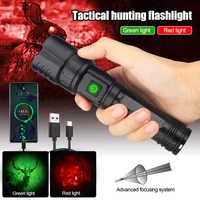 led hunting flashlight l2 lamp beads usb c charging torches green red light with zoom function led rechargable adjustable focus