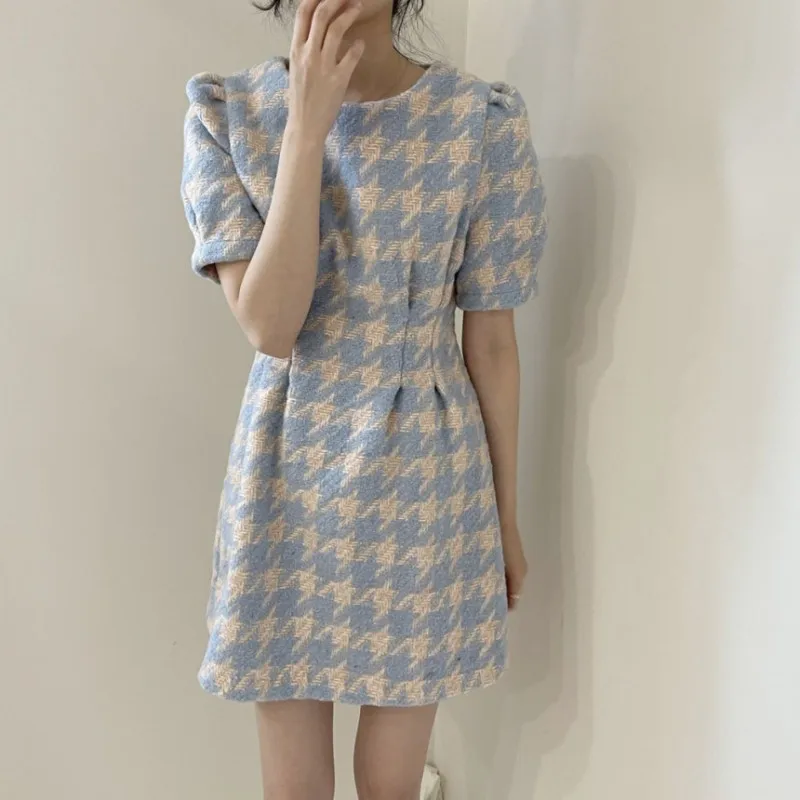 

Runway Korean Fashion Women's Houndstooth Office Casual Dress Slim Sweet Elegant Slim Waist Vintage Party Dress Vestido