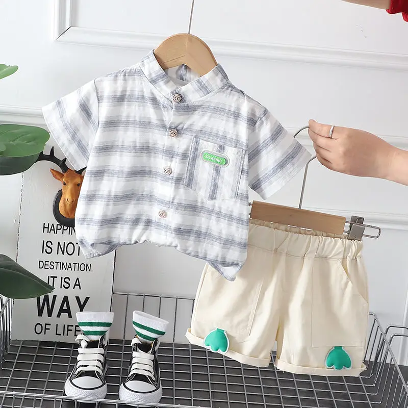 

Летняя одежда для маленьких мальчиков, рубашка и штаны, 2 шт./комплект, стиль джентльмена, Детские милые повседневные Костюмы с лацканами для младенцев, детский спортивный костюм