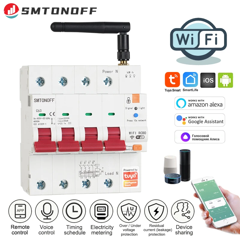 

Умный автоматический выключатель Tuya WIFI/Zigbee 4P RCBO, предоплаченный измеритель напряжения, защита тока, голосовое управление, Alexa Google Alice