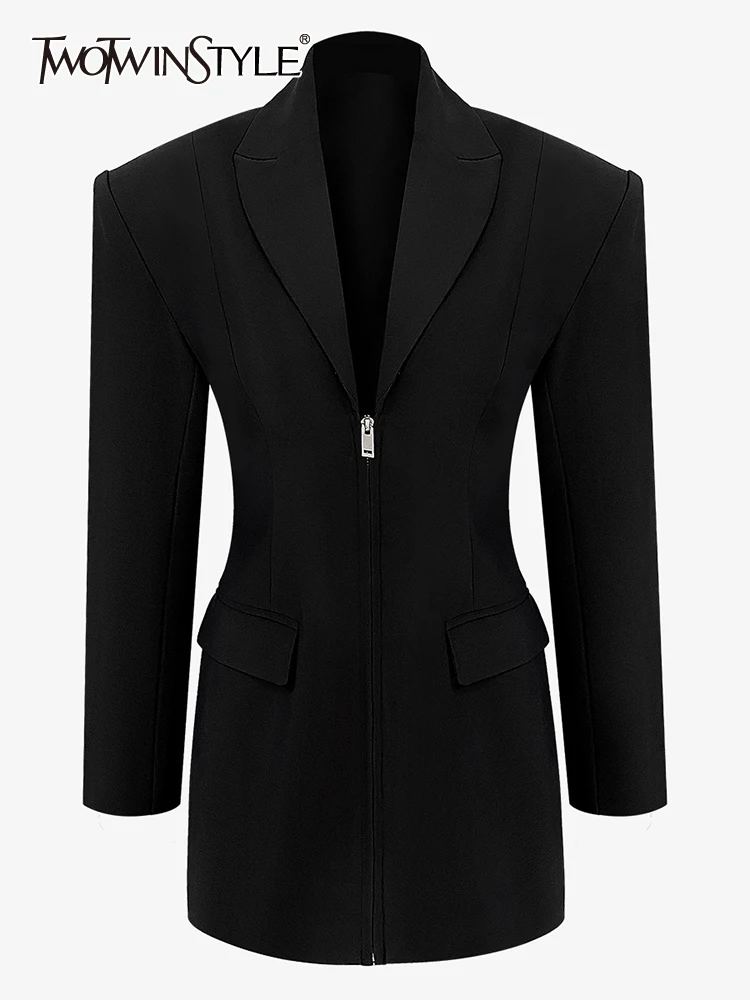 

TWOTWINSTYLE Black Slim Blazer For Women Notched Collar Long Sleeve Zipper Solid Minimalist Elegant Blazers Female Clothing 2022