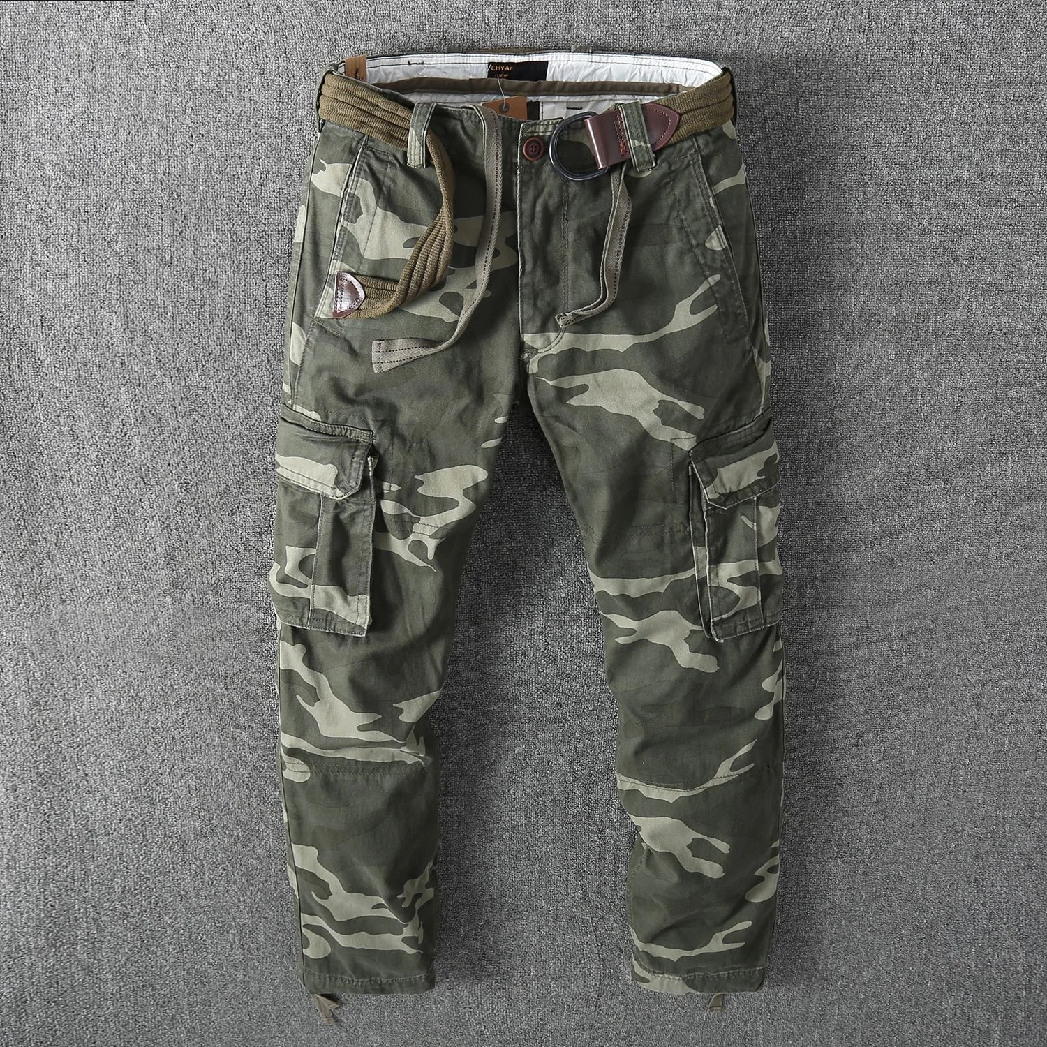 

Men's Autumn Casual Pants with Belt Safari Style Camouflage Pants Multi-Pockets Cargo Pants Fashion Overalls Tooling Trousers