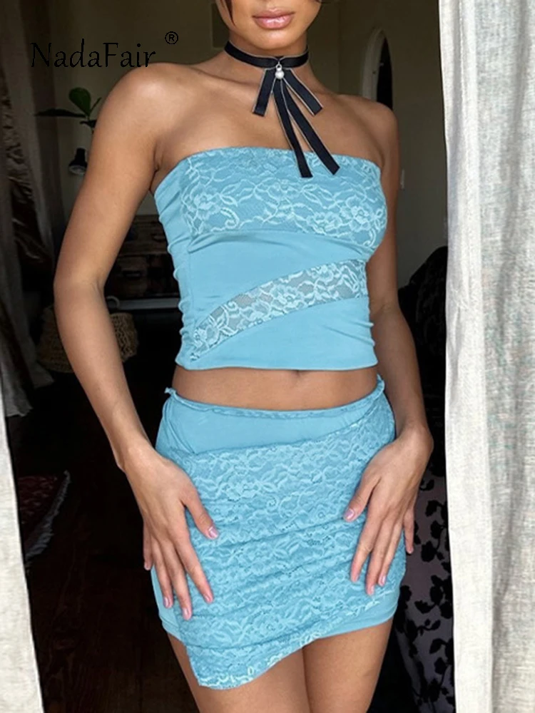 

Nadafair/летние кружевные лоскутные топы-трубы, мини юбки, сексуальные женские платья, комплекты из двух предметов, юбка, комплект синего цвета, ...