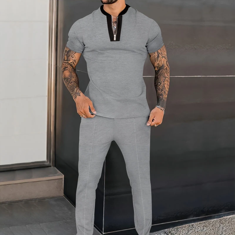 New Solid Color Men's Suit Summer Casual Short Sleeve Polo Shirt Calf Pants Men Streetwear Male tracksuit 2-piece Set