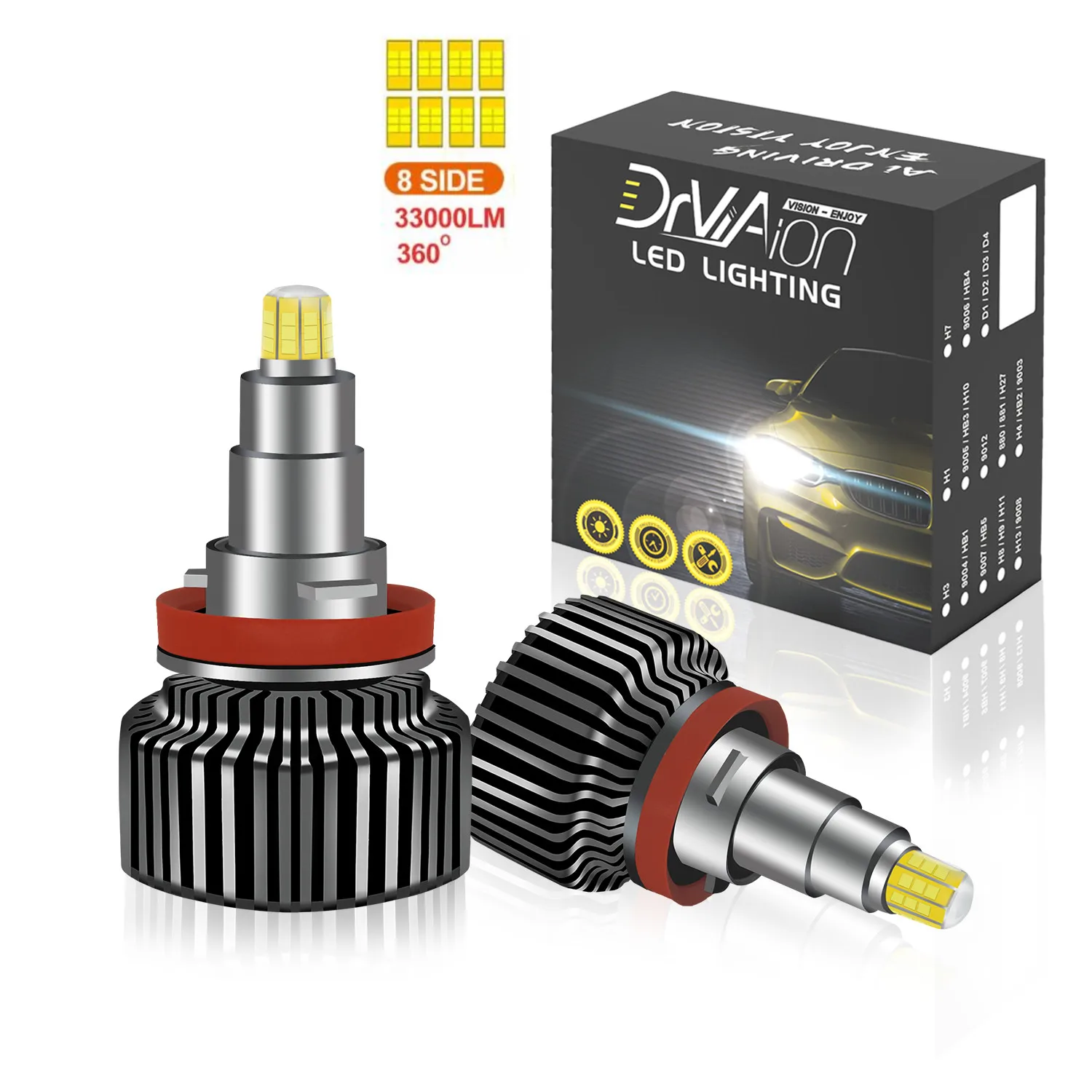 

8 Sides Led CSP Chips headlight bulbs mini body H4 H7 360 degree 30000 LM H11 LED fog light H1 H3 9005 9006 HB3 HB4 6000K 8000K