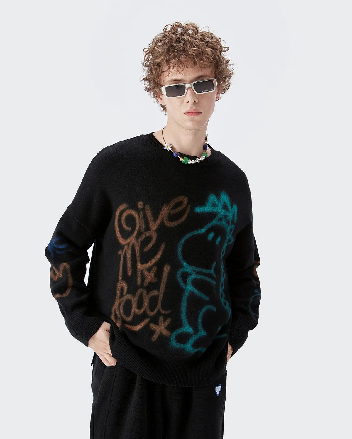 

Spring/Autumn New Men's Tide Brand Street Graffiti Pullover Hem Split Loose Warm Women's Couple Sweater