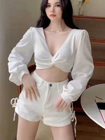 spring summer fashion women long sleeve crop top casual solid slim blouse kink sexy deep v backless lady clothes chic streetwear