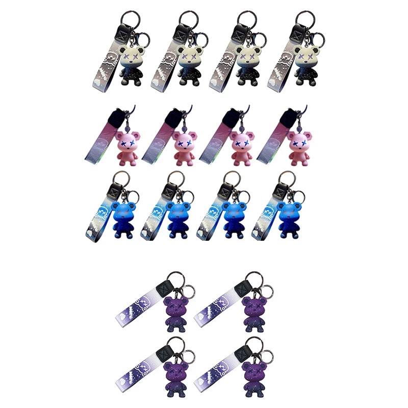 

4 Piece Men Women Boy Girl Cute Color Bear Keychain Braided Rope Resin Animal Pendant Metal Key Ring Gray