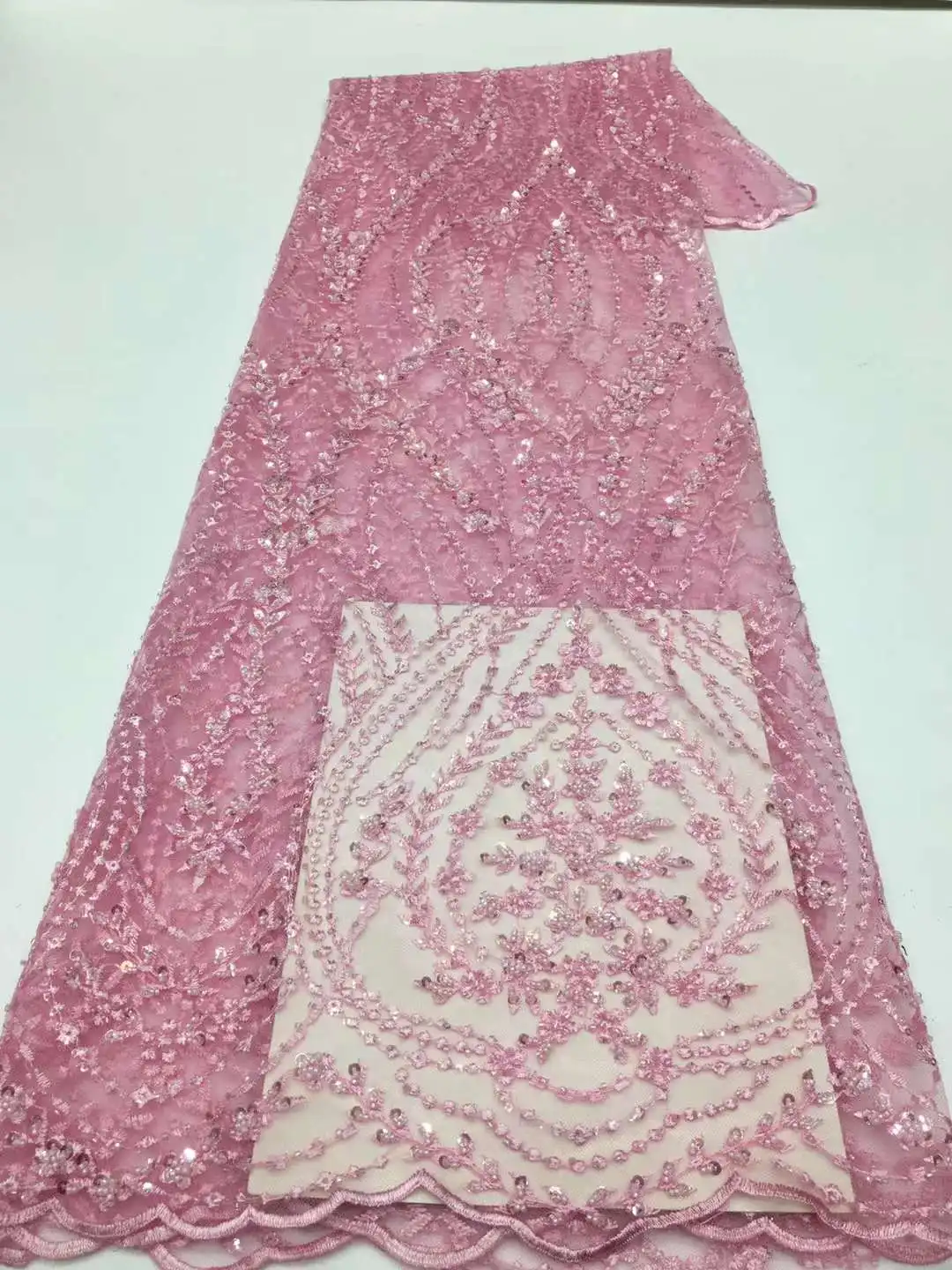 

Luxury Sequin Beaded Tulle Lace Fabric Pink Beads Embroidery African Bridal Lace Fabric 2022 Nigerian Wedding