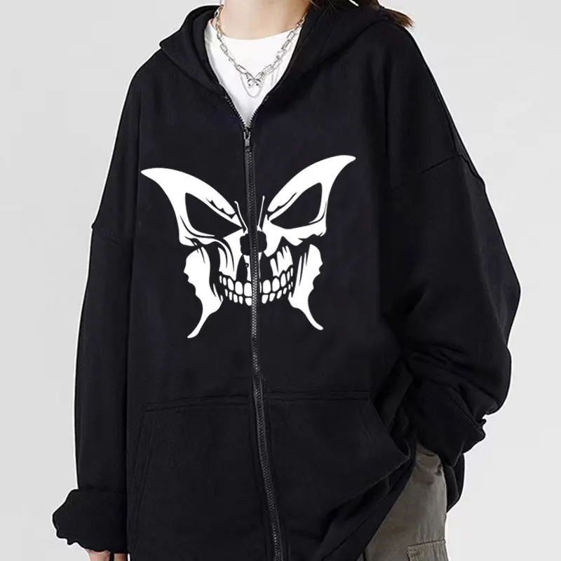 

Harajuku Hoodies Autumn Winter Goth Punk Butterfly Long Sleeve Loose Zipper Jacket Coat Female Hip Hop Hooded Sweatshirts