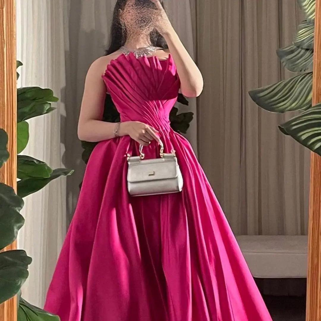Katerina Fuchsia Sleeveless Long A Line Evening Dresses Soft Satin Strapless Pleated Formal Prom Dress Night Party Gowns Vestido
