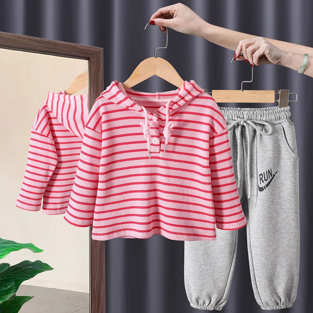 

LZH 2022 Spring Autumn New Girls Sports Suit Children Clothing Fashion Striped Sweaters Two-piece Set For 1-6 Years Girl Clothes