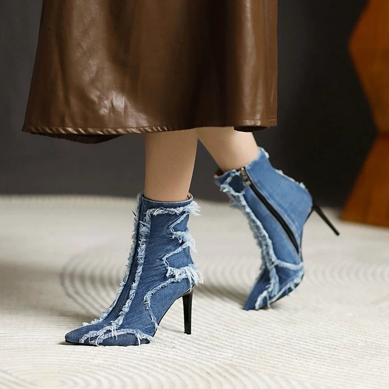 European pop street lady denim summer ankle boots for women sexy lady pointed toe zipper riding boots high heels women pumps
