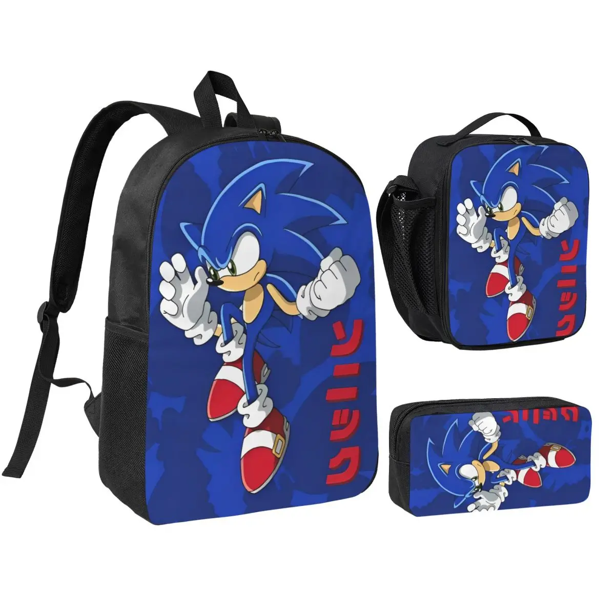 Фото Games Sonices The Hedgehog Shadow 3pecs/set Рюкзак для подростков Холщовые сумки с героями мультфильмов Сумка для обеда Пенал №1