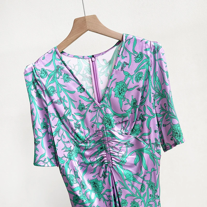 Шелковое атласное платье-миди 19 мм с V-образным вырезом и принтом UK 8-UK 14