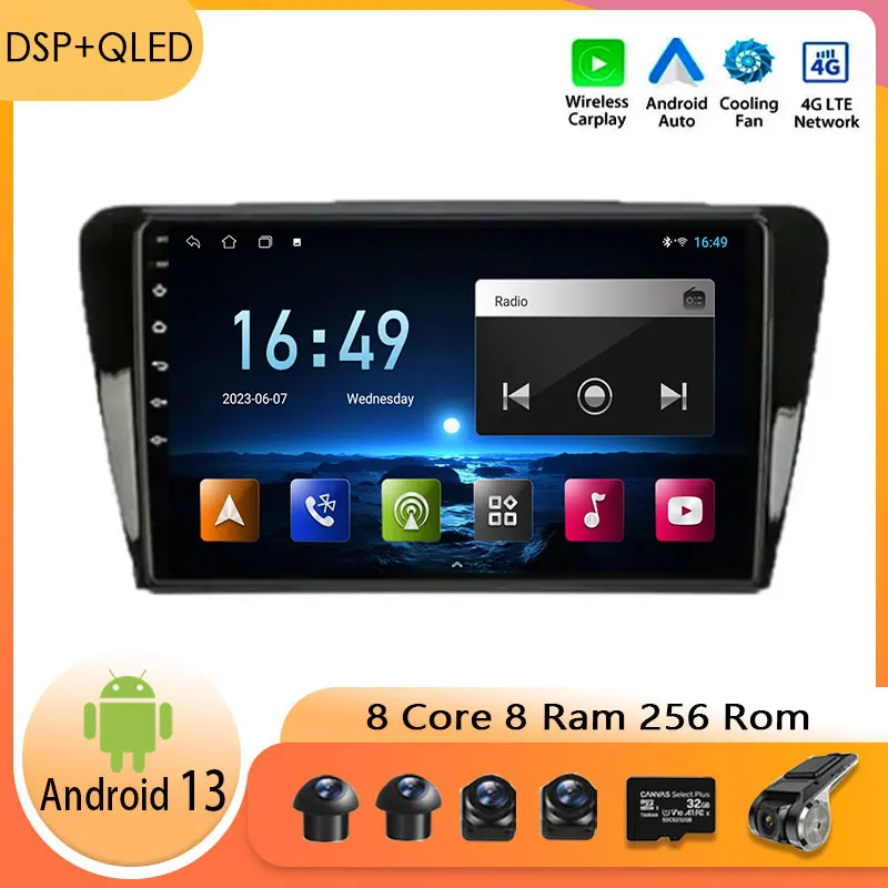 

Система QLED Android 13 для Skoda Octavia III A7 2013-2018, автомобильное радио, беспроводное Carplay, мультимедийный видеоплеер, навигация GPS BT